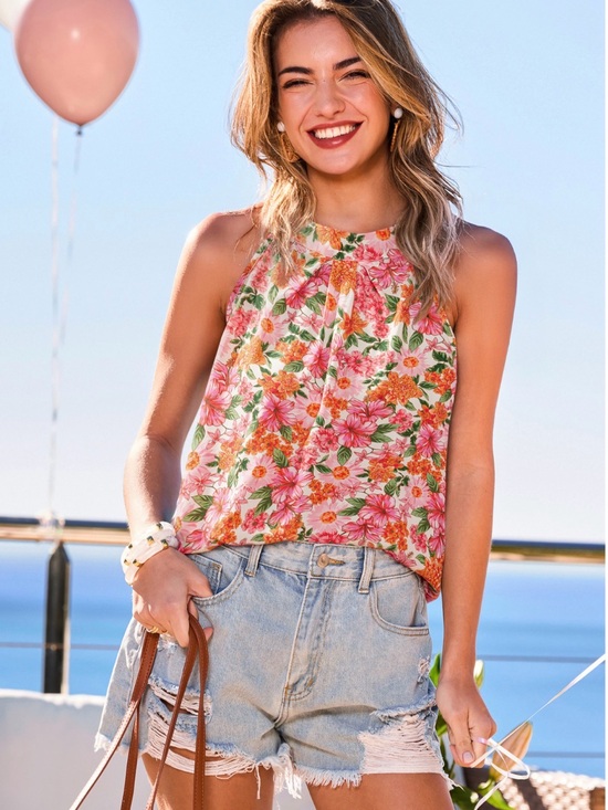Cupshe Tops - CupShe Nature Poem Floral Halter Neck Tank Top - Pink & Orange medium